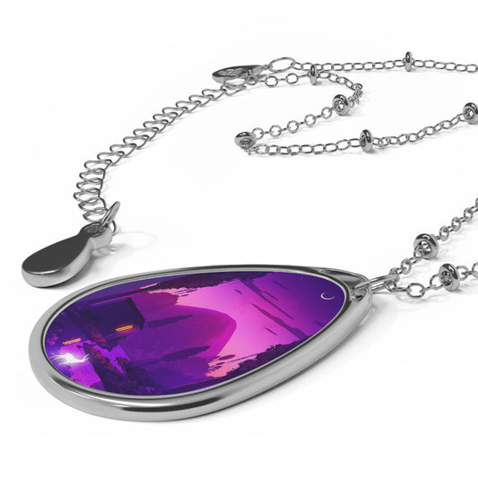 Mystical Landscape Oval Necklace - Elegant Silver Pendant Jewelry