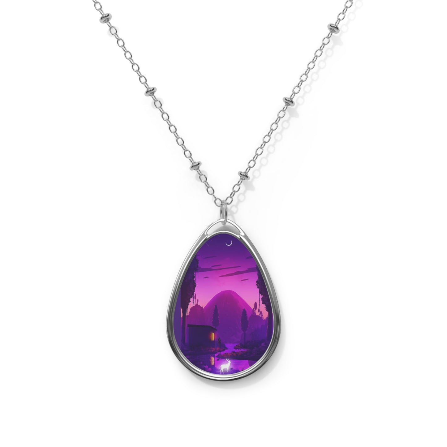 Mystical Landscape Oval Necklace - Elegant Silver Pendant Jewelry